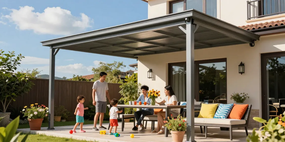 Terrassenüberdachung aus Aluminium auf einer einladenden Terrasse mit spielenden Kindern und einem gedeckten Tisch.