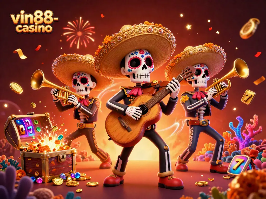 Experience thrilling gameplay at vin88-casino with vibrant 3D slot machines and a festive mariachi band.