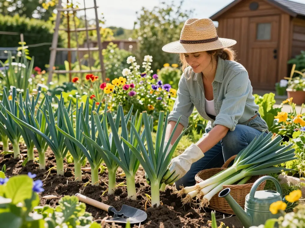Gardener harvesting summer leeks (sommerporree) in a flourishing garden under bright sunlight.