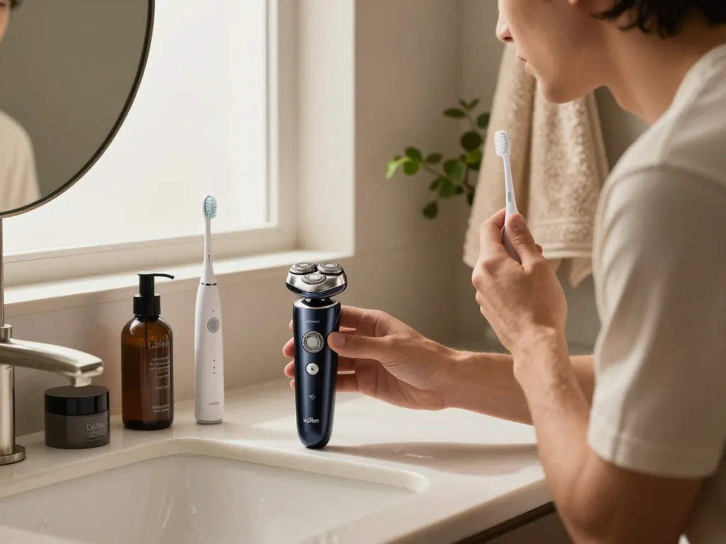 Erleben Sie greifbaren Luxus mit dem elektrischen Rasierer und der Zahnbürste von Laifen EU während einer stilvollen Pflege-Routine.