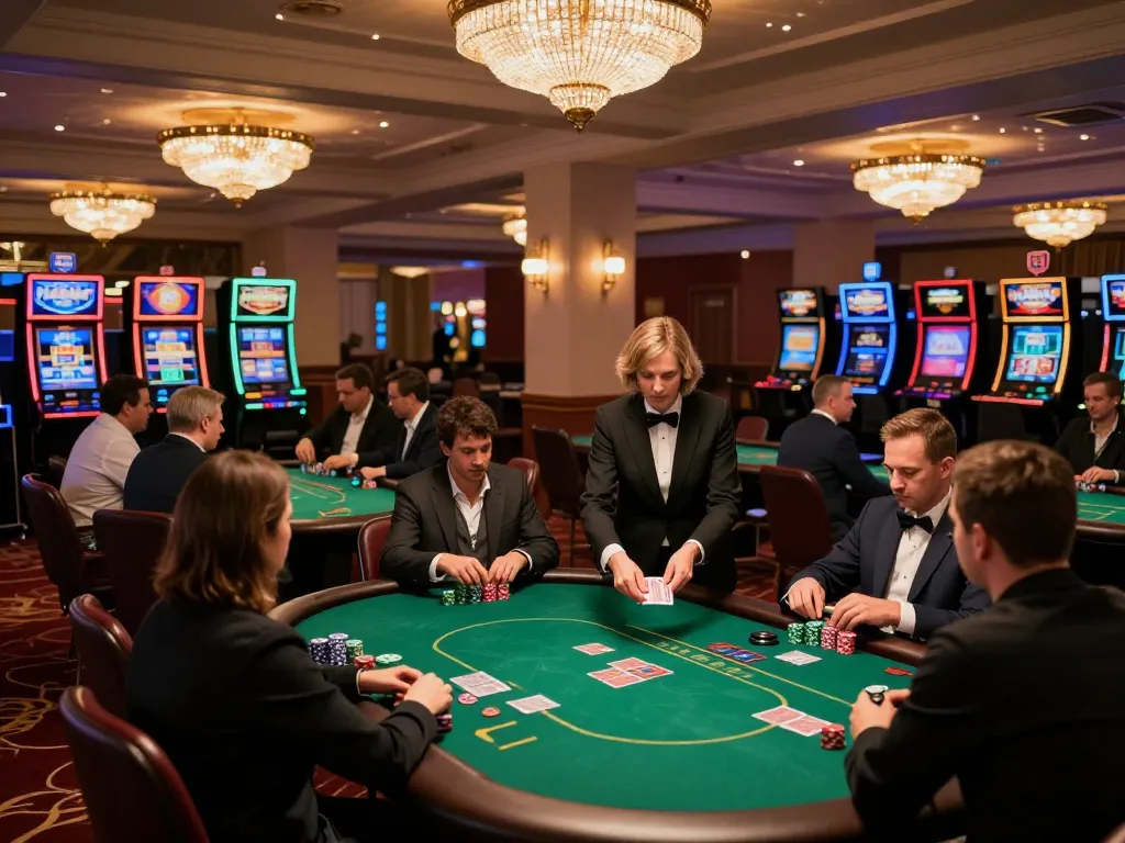 888NEW showcases a vibrant casino atmosphere with players engaging in poker games and ambient lighting enhancing the strategic vibe.