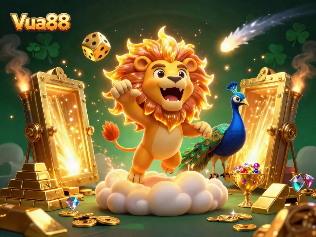 Experience the vibrant world of Vua88 with 3D characters amidst dynamic casino elements, showcasing excitement and adventure.
