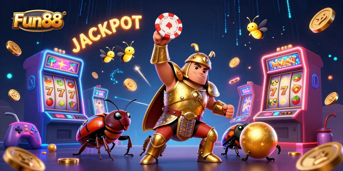Fun88’s 3D illustration showcases a beetle champion and jackpot excitement in casino gaming.