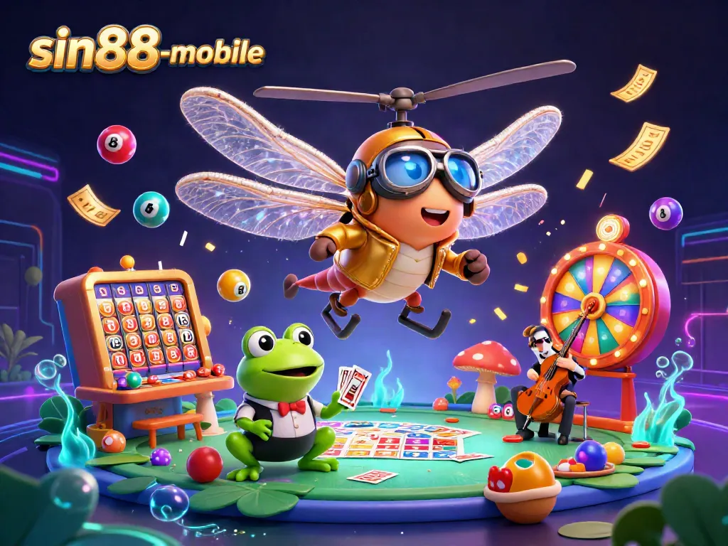Experience the excitement of sin88-mobile with vibrant casino elements and a whimsical illustration.