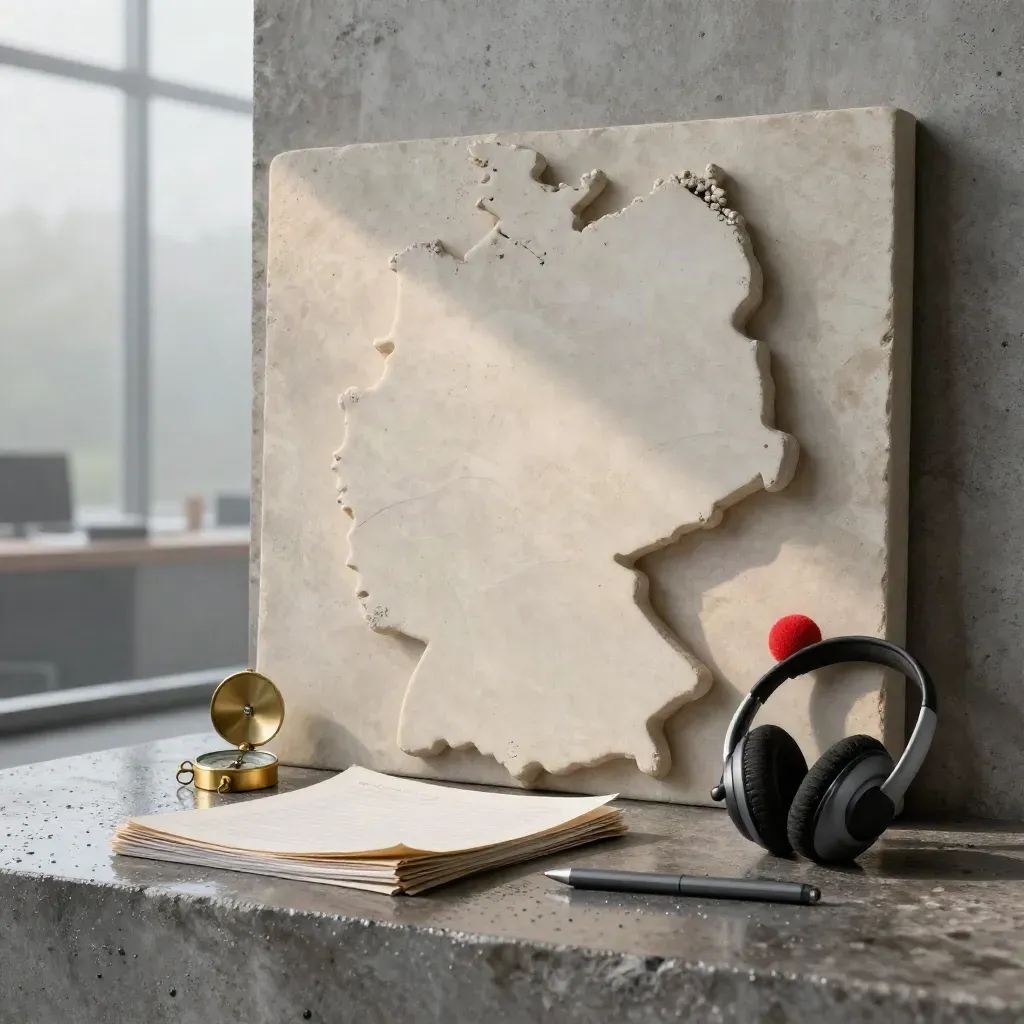 Steinrelief von Deutschland mit Papierstapel, Kompass und rotem Headset im Morgenlicht