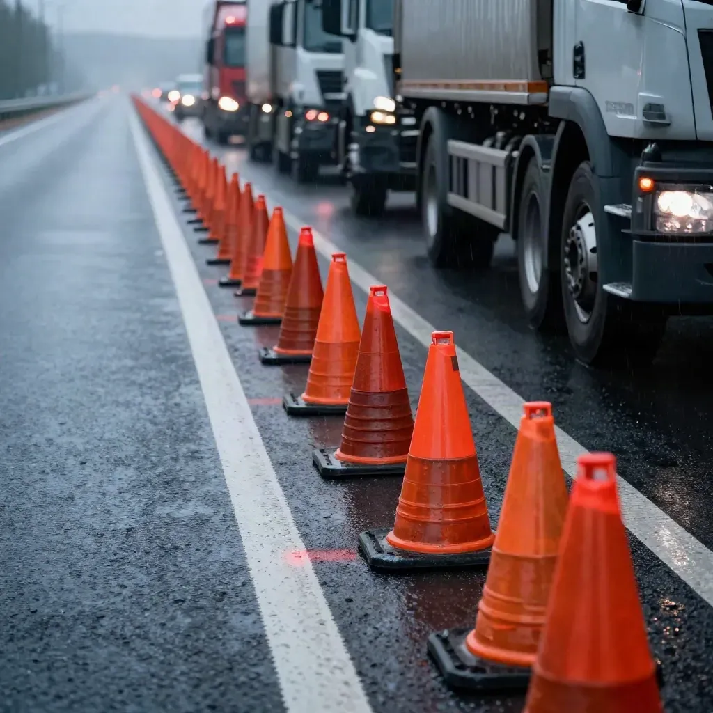 NRW-Autobahn im Stau mit Lkw, Baustellenkegeln und nasser Fahrbahn im Regen.