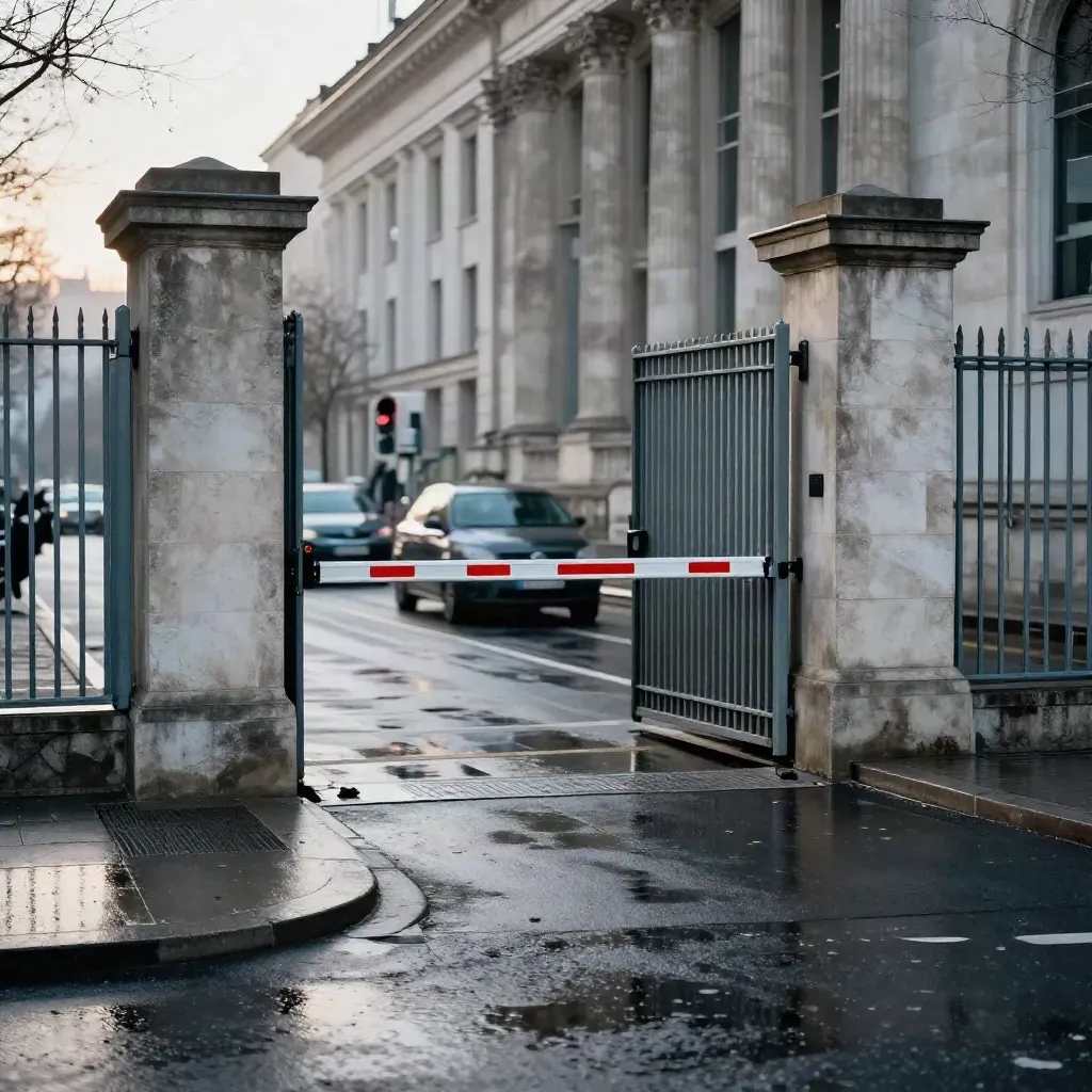 Eingang zum Berliner Regierungsviertel mit nassem Asphalt und roten Akzenten.