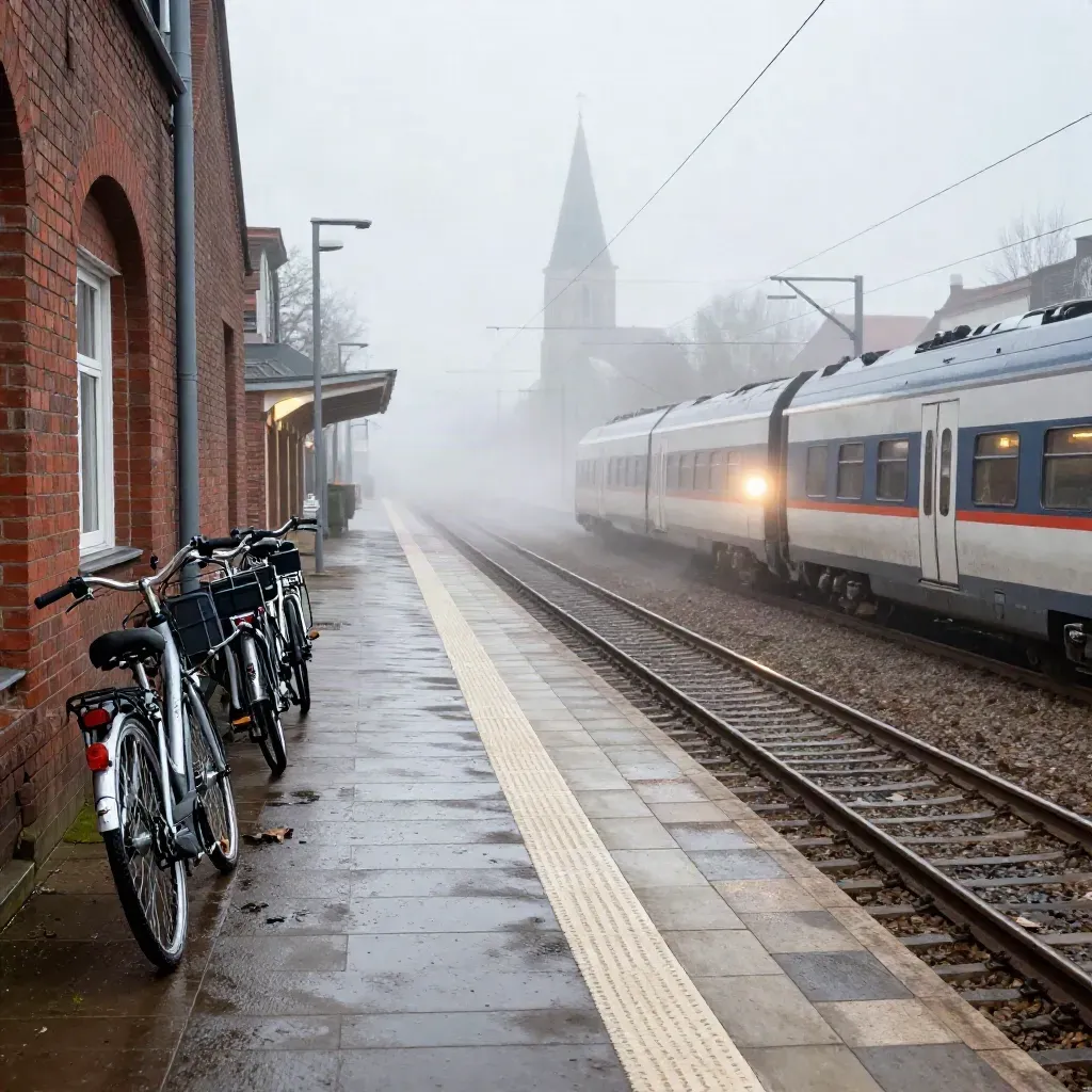 Nebeliger kleiner Bahnhof mit Fahrrädern, Bahnsteigkante und Kirchturm im Morgenlicht.