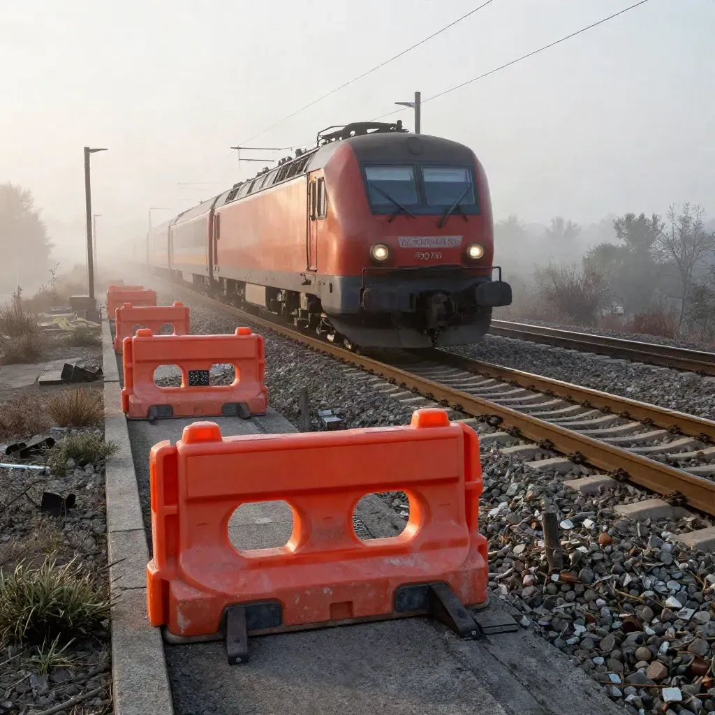 Regionalbahn rauscht an einer Baustelle vorbei, orange Sperren und Schotter im Morgennebel.