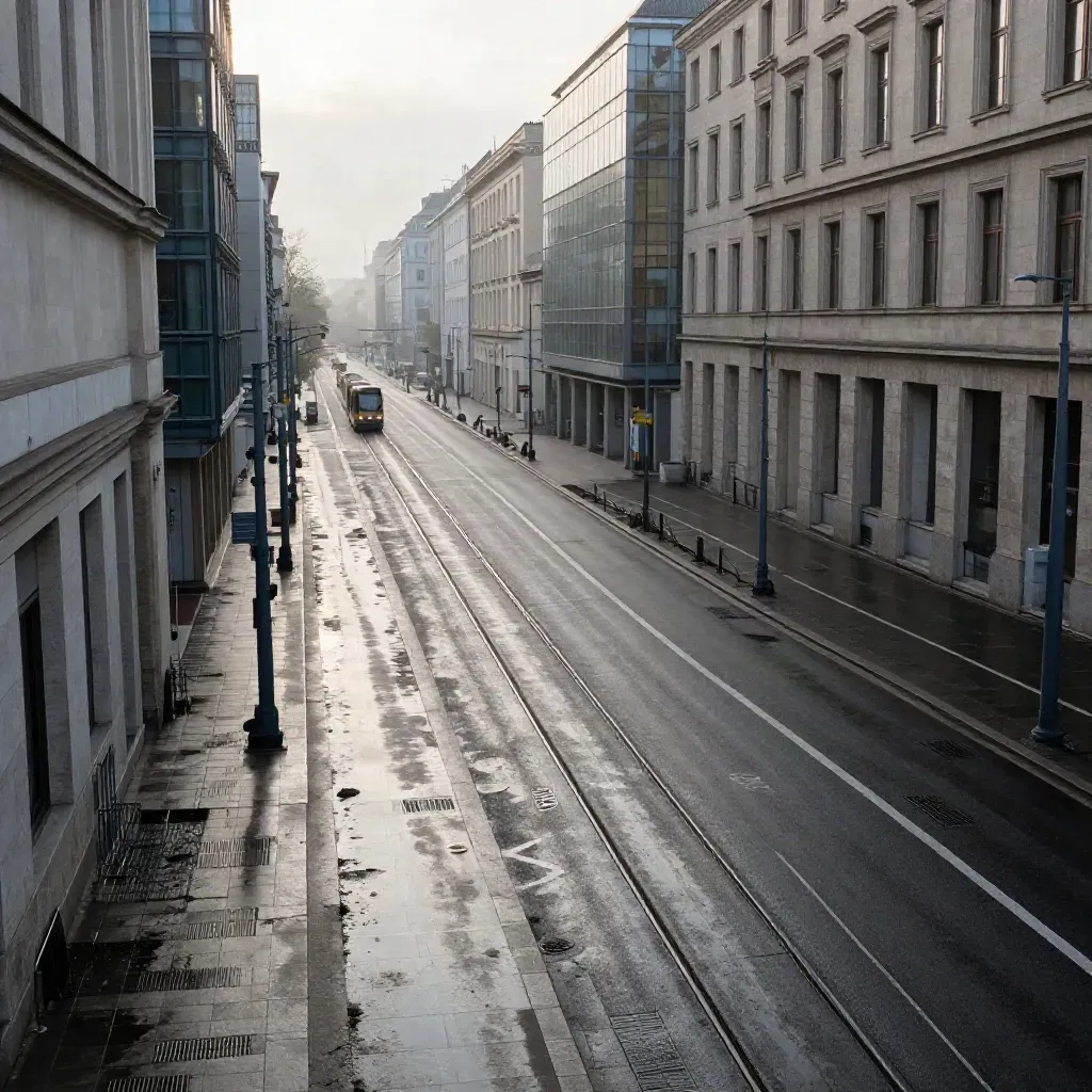 Nasse Berliner Magistrale mit Regierungsbauten, Radspur und Tramgleisen im kühlen Morgenlicht.