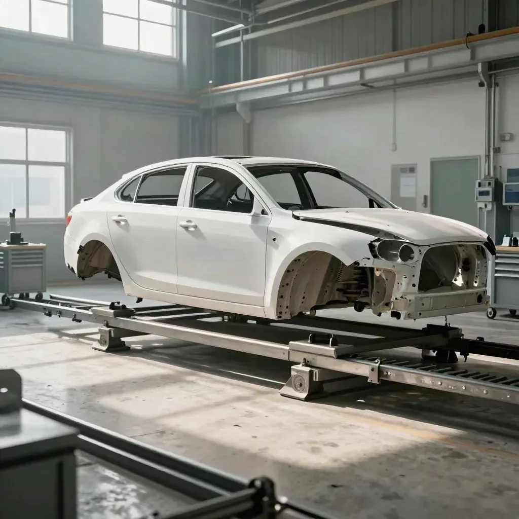 Weiße Autokarosserie in Montagehalle auf Rollenbahn, umgeben von Werkzeugwagen und Metallstufen.