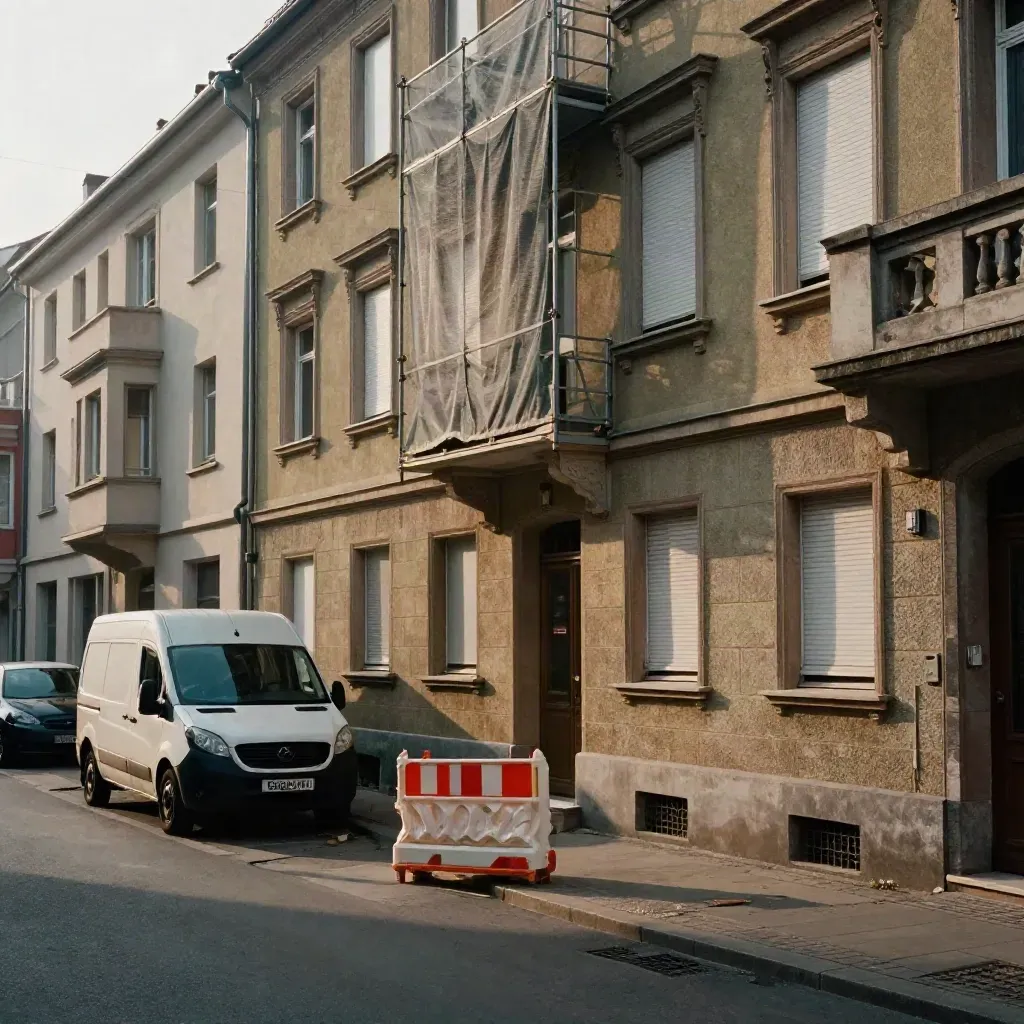 Westdeutsche Wohnstraße mit Altbaufassaden, Gerüst und Lieferwagen im späten Nachmittagslicht.