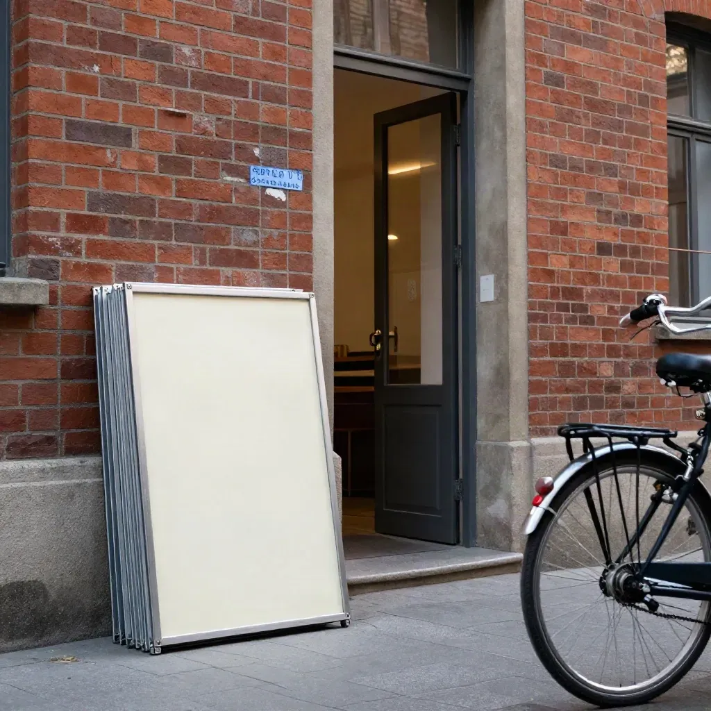 Leipziger Kulturhof mit offener Tür, Plakatrahmen und Fahrrad im Abendlicht