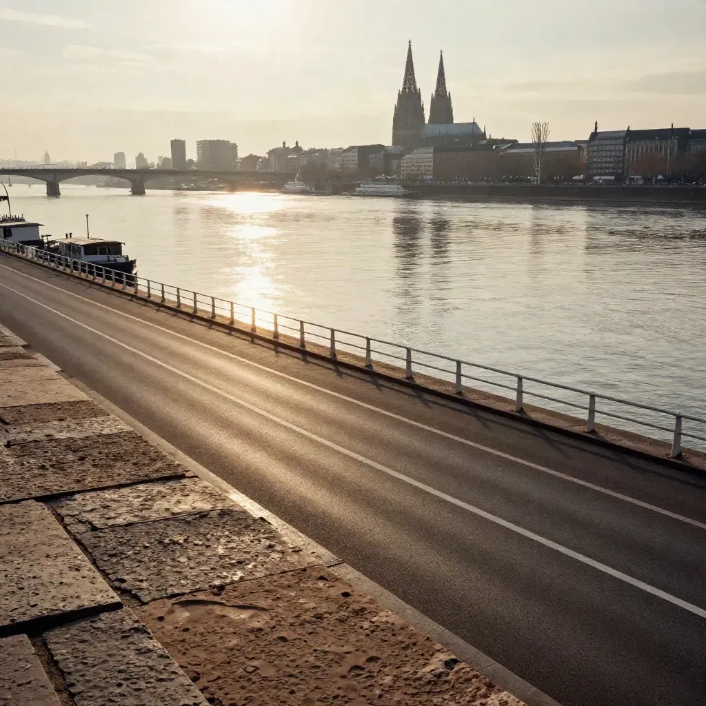 Kölner Rhein-Ufer im Abendlicht mit Dom-Silhouette, Flussdunst und ruhiger Wasseroberfläche.
