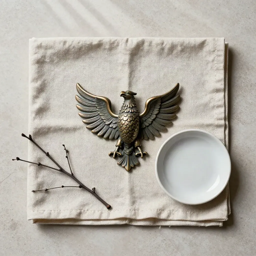 Bronzener Bundesadler, Leinen, Keramikteller und Zweig auf hellem Stein im ruhigen Flatlay.