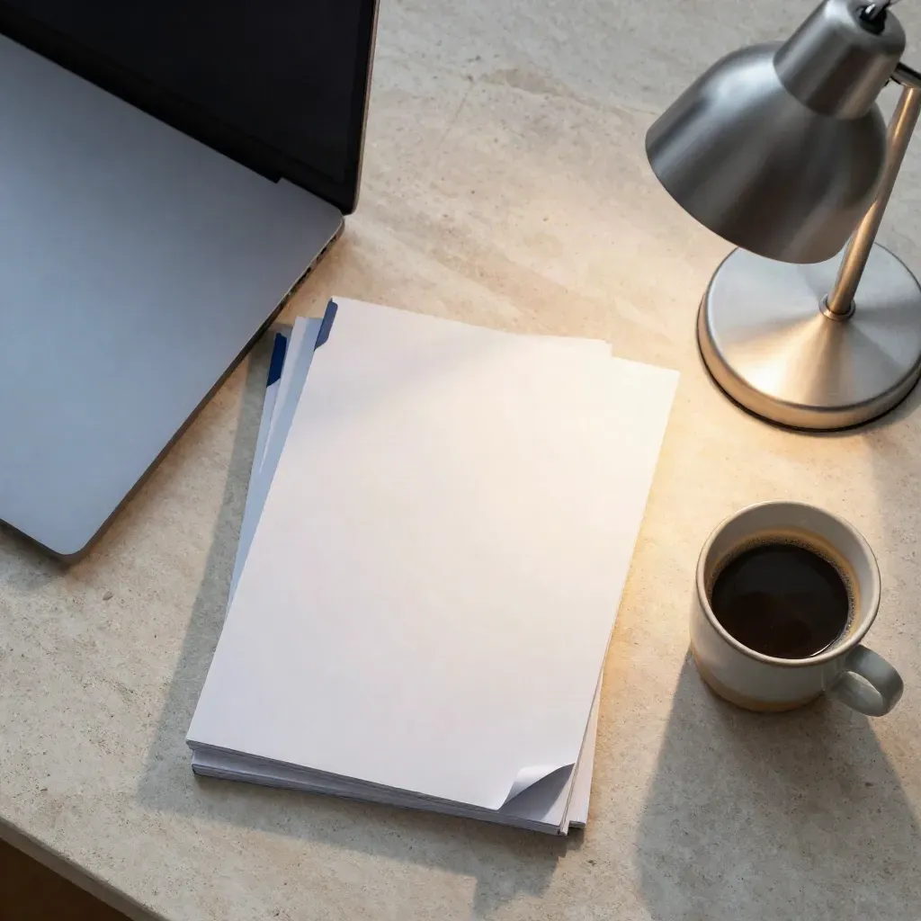 Morgenbriefing mit Laptop, Notizzetteln, Kaffeetasse und Lampe von oben.