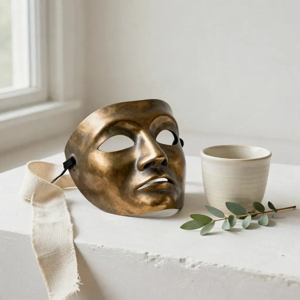 Bronzene Theatermaske mit Leinenband, Keramiktasse und Zweig auf hellem Putz.