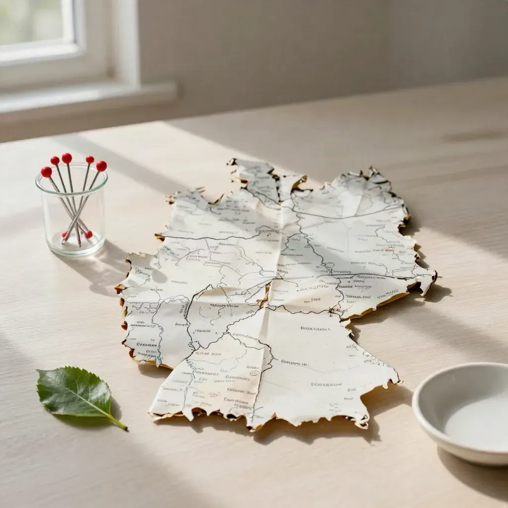 Gefaltete Deutschlandkarte mit Glasbecher, Stecknadeln, Blattgrün und Schale auf hellem Holz.