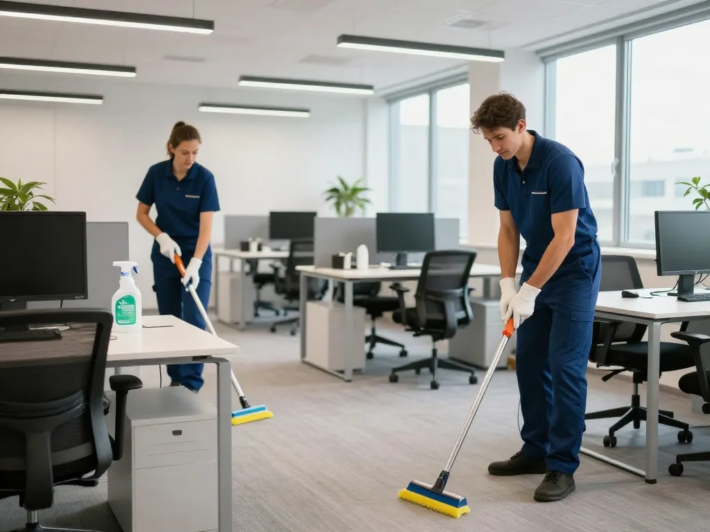 Professionelles Reinigungsteam sorgt für Gebäudereinigung für Unternehmen in Münster in einem hellen Büro.