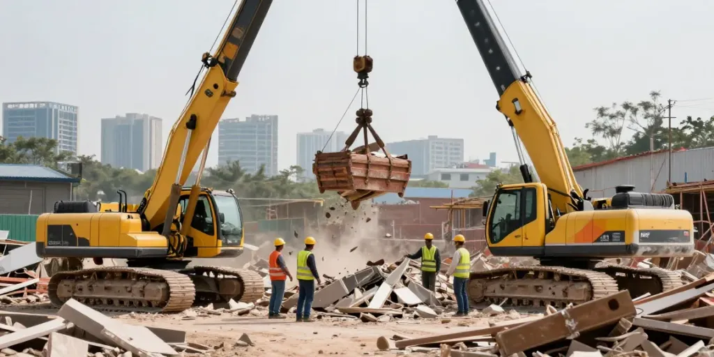 Abbruch Kosten: Baustelle mit schweren Maschinen und Arbeitern in Sicherheitsausrüstung bei Abrissarbeiten
