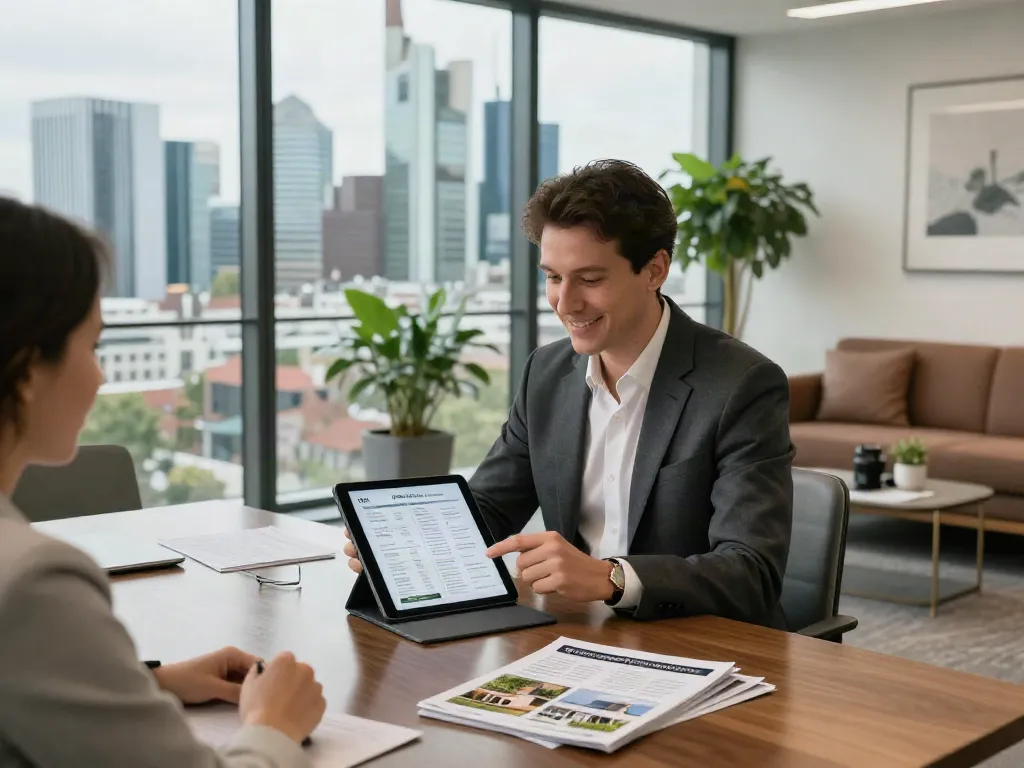 Bester Immobilienmakler Frankfurt im modernen Büro, Agent prüft Immobilienlisten auf Tablet.