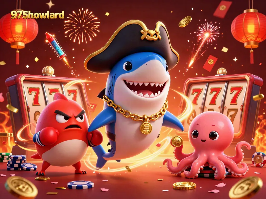 Engage in vibrant casino action at 975howard with a pirate shark, pufferfish, and octopus sharing gold coins.