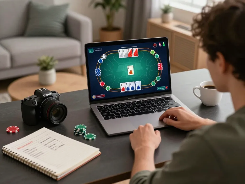 Player engaging in online poker on a sleek laptop, illustrating strategies inspired by cà khịa tv.