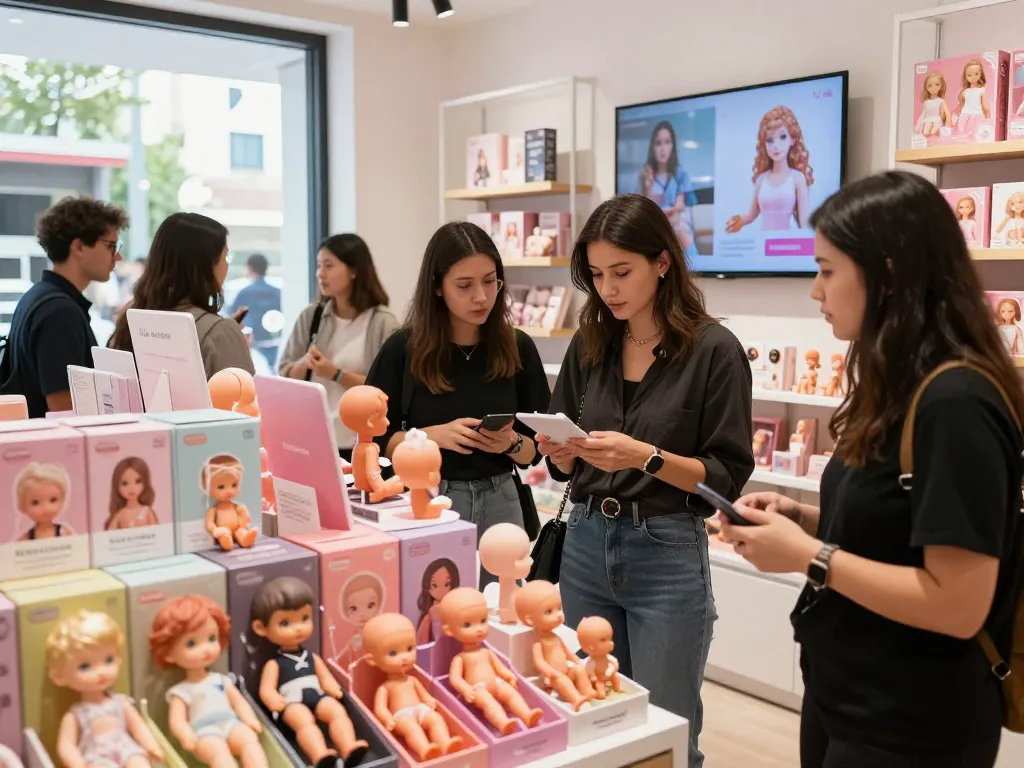 Sofort Lieferbar-Produkte in einer lebhaften E-Commerce-Einzelhandelsumgebung mit verschiedenen Käufern, die Sexpuppen begutachten.