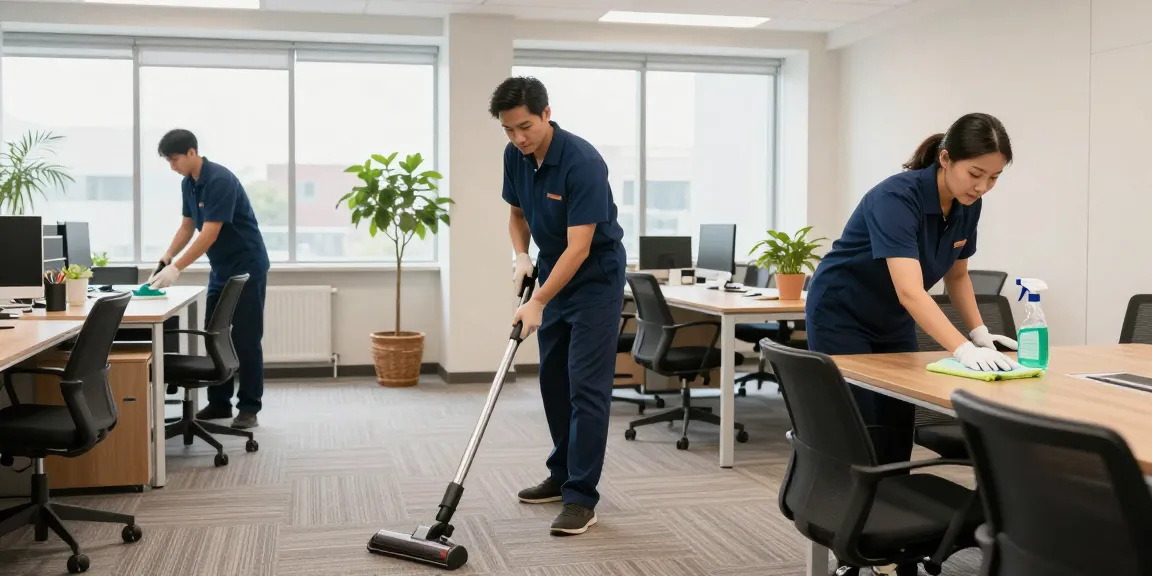 Professional building cleaning service in Solothurn with a focused team ensuring cleanliness and organization in modern office settings.