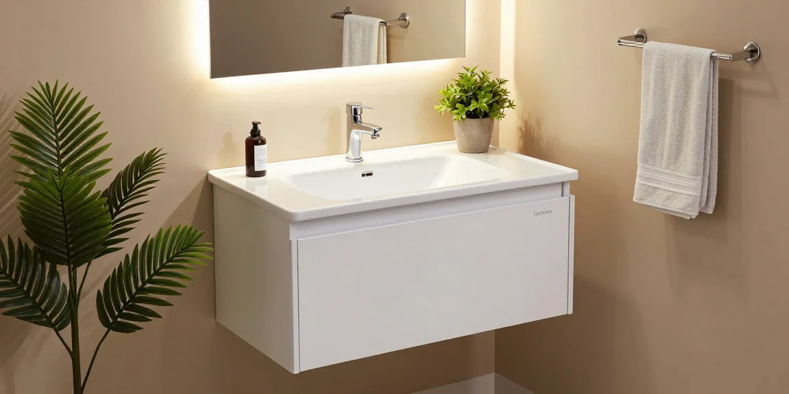 Ondiepe wastafel kast 36 cm diep met modern ontwerp in een stijlvolle badkamer.