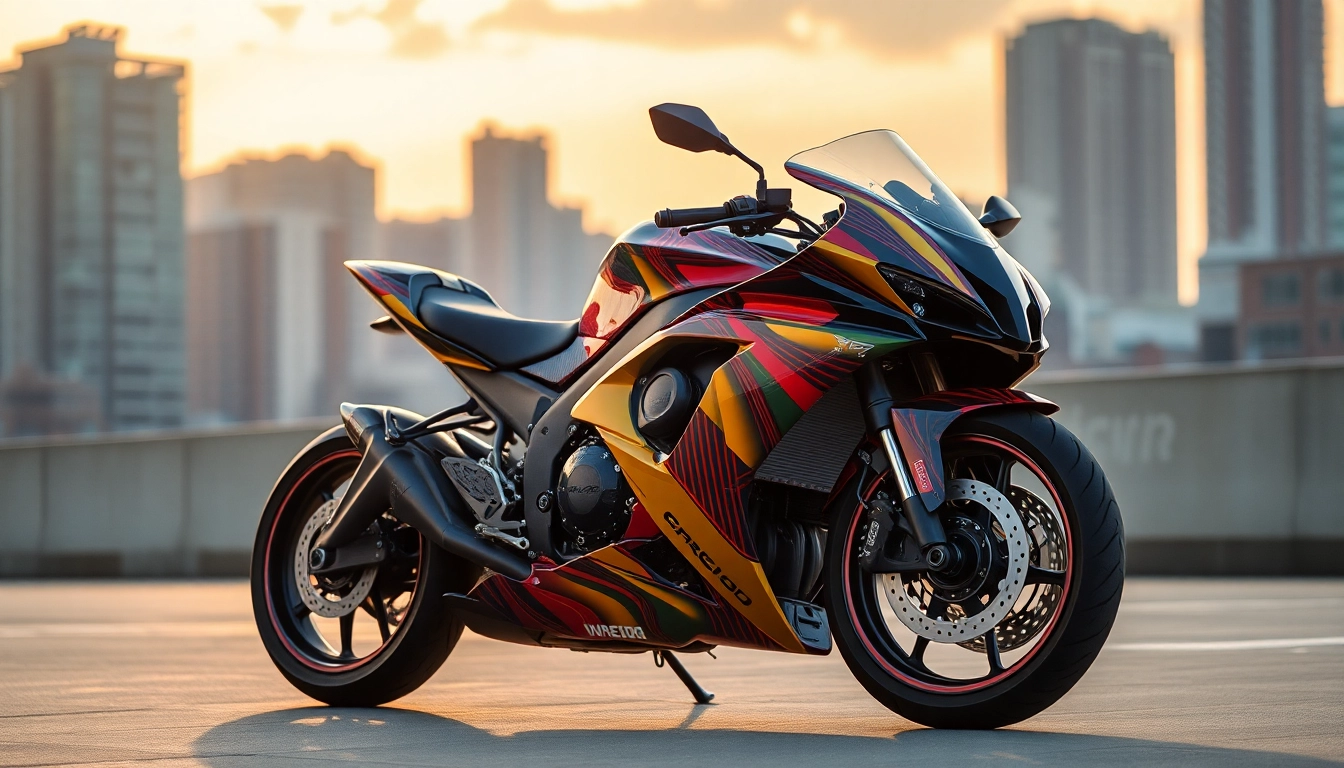 Stunning motorcycle foliation showcasing colorful designs while exploring kosten motorrad folieren options in a vibrant city.