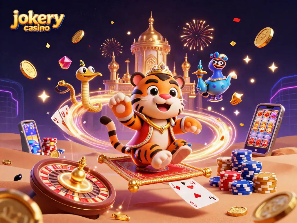 Experience thrilling gameplay at jokery casino with captivating visuals of a sultan, genie, and gaming elements.