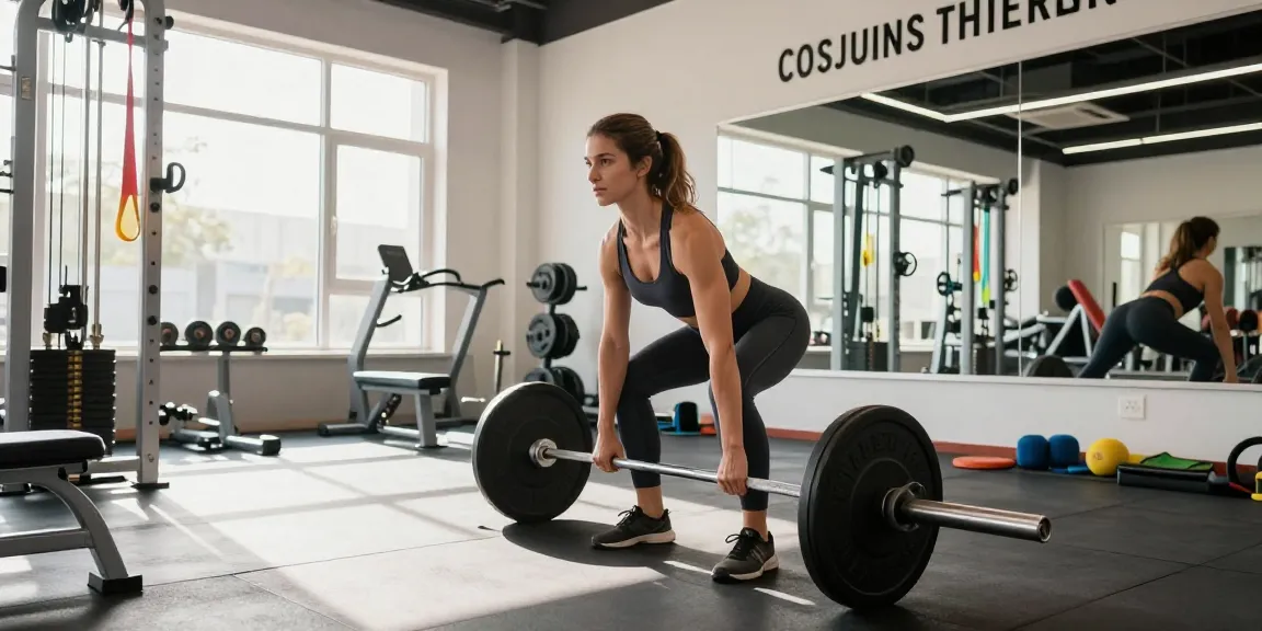 Anabolika Shop: Athletin beim Training mit Gewichten im modernen Gym, umgeben von Fitnessgeräten.