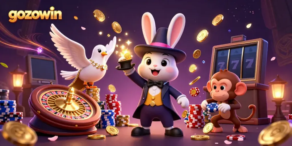 Experience the thrill of gaming at gozowin with a magician rabbit, dove, and mischievous monkey in a dynamic casino scene.