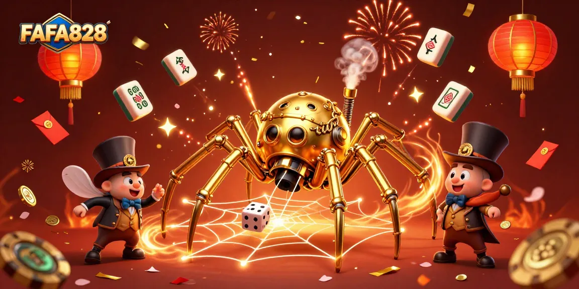 Engage with FAFA828: A festive steampunk scene featuring a golden spider and lucky dice.