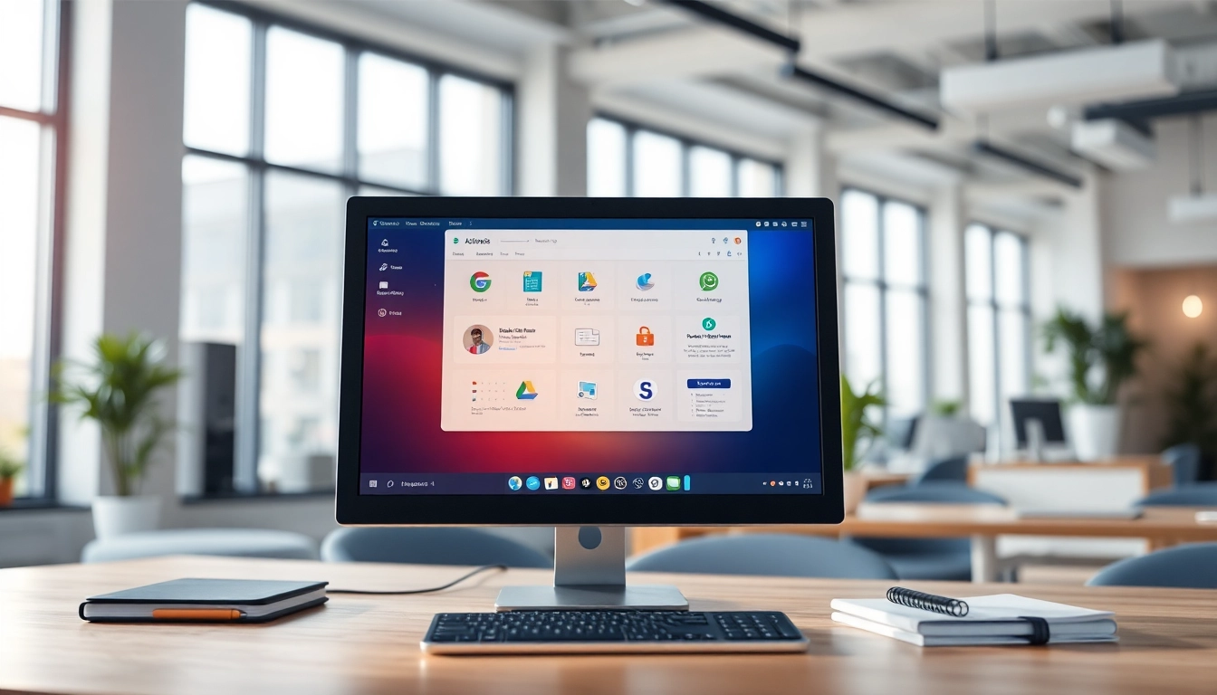 Software Hilfe in einem modernen Büro mit einem Computerbildschirm, der eine benutzerfreundliche Oberfläche zeigt.