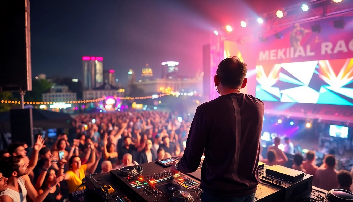 DJ in München entertains a lively outdoor crowd with vibrant lights and energy.