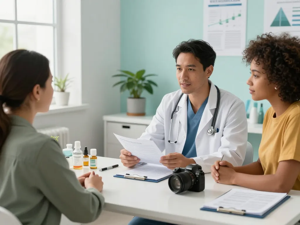 Besprechung, wie man ein Cannabis-Patient wird, in einem einladenden Beratungsraum, der medizinische Optionen und Unterstützung betont.