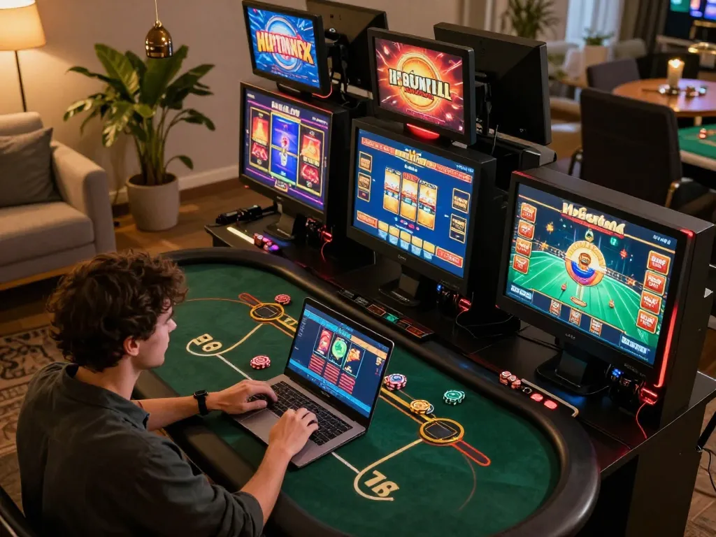 Engaging in online gaming at home with GO88, showcasing colorful betting screens and a cozy setup.