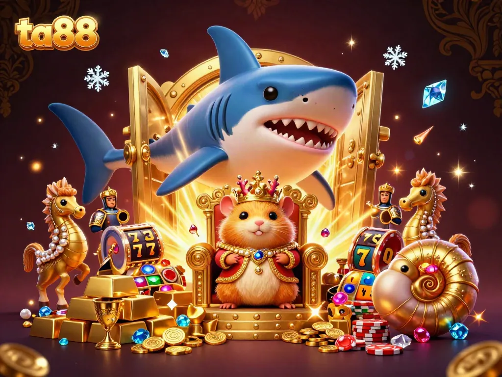Spin and win at ta88 casino, featuring a golden hamster king on a megalodon throne amidst treasure and gaming elements.