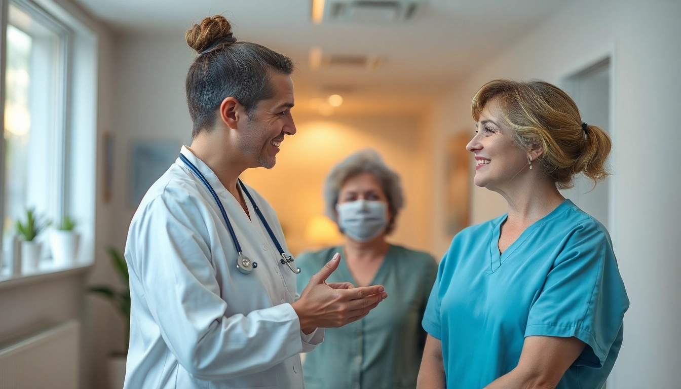 Pflegemarketing in Aktion: Pflegekräfte interagieren freundlich mit Patienten in einer modernen Pflegeumgebung.