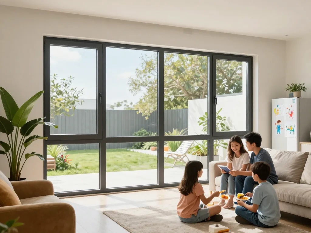 Heller Wohnraum mit Fenster Schüco Fenstern, die Energieeffizienz und Familienkomfort demonstrieren.