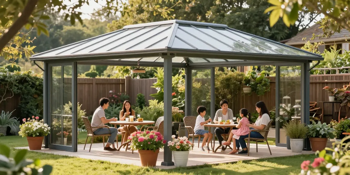 Moderne freistehende Terrassenüberdachung in einem einladenden Garten mit Familie.