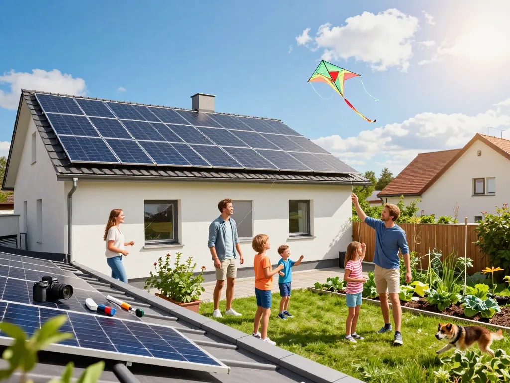 Familie in Wien genießt einen sonnigen Tag unter einem Solar-Paneel-Dach und demonstriert umweltfreundliches Wohnen.
