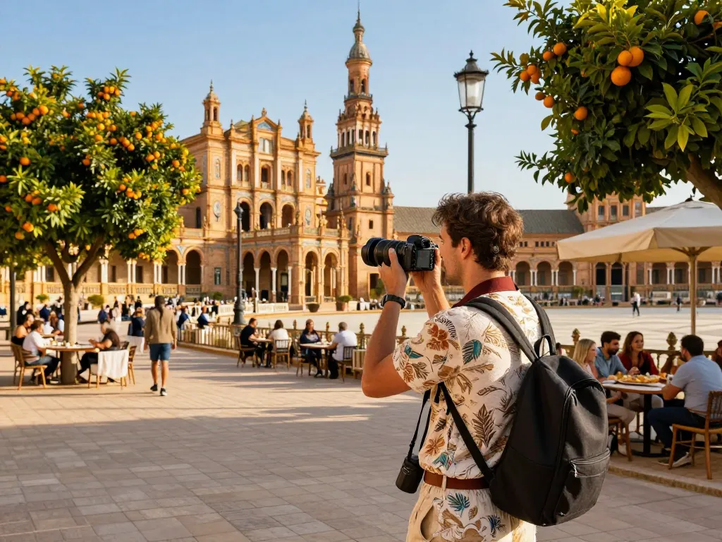 Reisetipps Sevilla: Tourist am Plaza de España, der die lebendige andalusische Kultur und Architektur festhält.