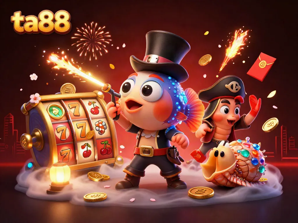 Join the excitement at ta88 with a colorful 3D casino scene featuring vibrant slot reels and treasure!