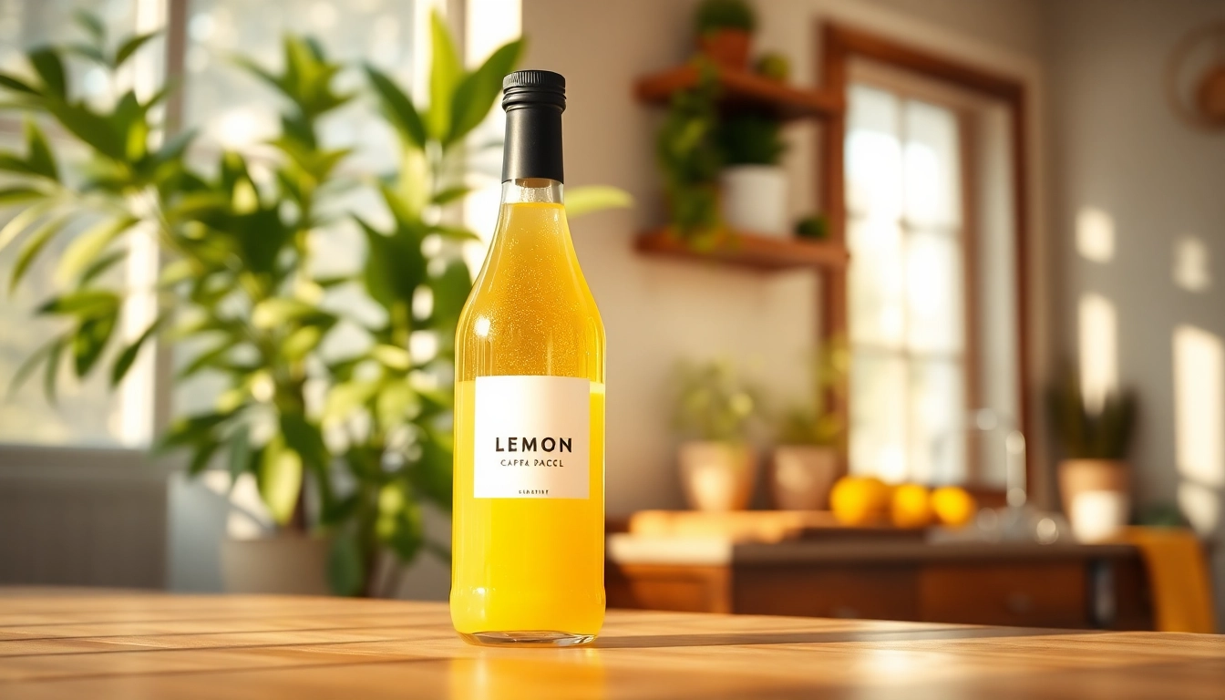 Jetzt lemon bottle kaufen und stilvoll trinken - elegante Flasche vor natürlicher Kulisse.