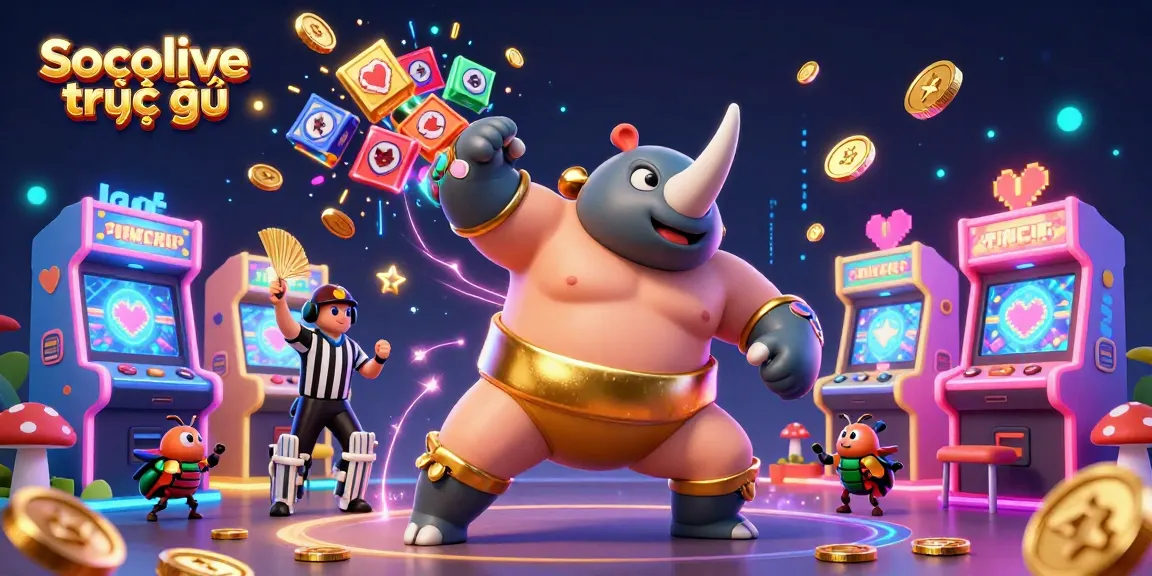 Socolive trực tiếp offers a vibrant, engaging atmosphere, featuring a sumo champion beetle and colorful slot reels.
