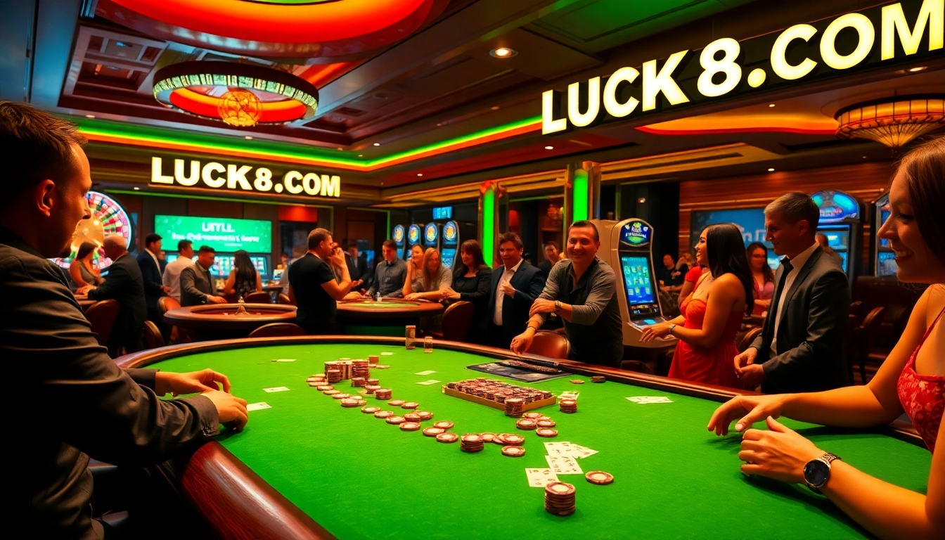 Excited players engaging in a game at LUCK8.COM casino, with vibrant tables and winning atmosphere.