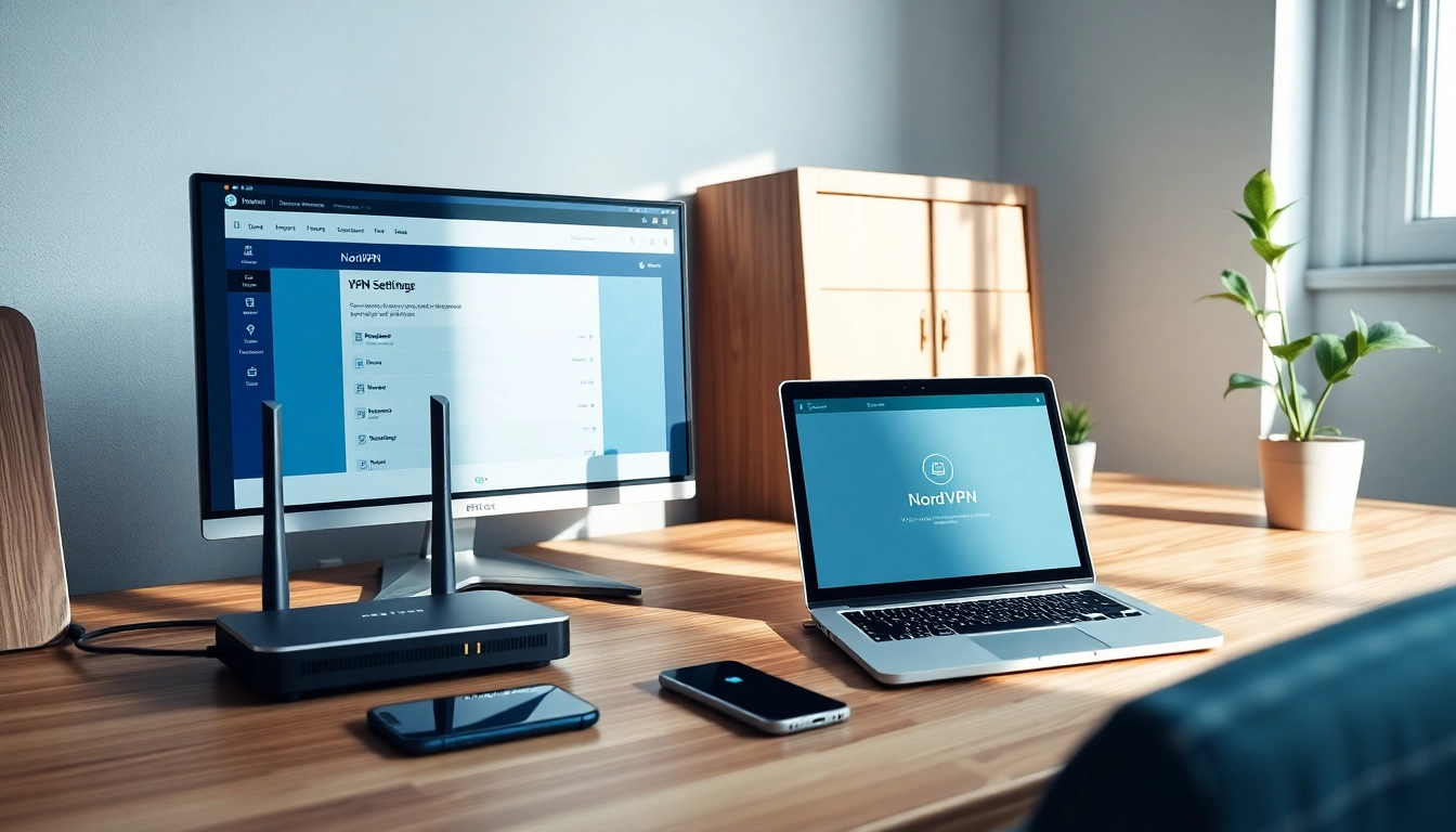 A modern home office with a FRITZ!Box router and NordVPN interface, showcasing efficient connectivity.